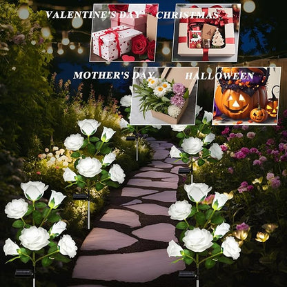 DWH 1 Pack Solar Garden Lights Outdoor, 7-Flower Rose Solar Lights for Yard, LED Solar Powered Stake Lights for Patio Pathway Lawn Fence Cemetery, White