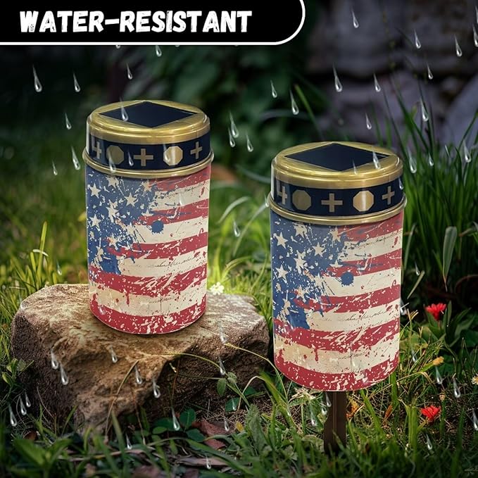 American Flag Print Solar Lights Outdoor Garden, Waterproof Solar Powered Stake Lights for Dad Grandma Garden Yard Gravesite Decorations