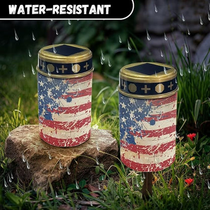 American Flag Print Solar Lights Outdoor Garden, Waterproof Solar Powered Stake Lights for Dad Grandma Garden Yard Gravesite Decorations