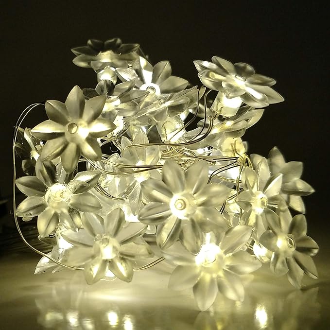 Hometown Evolution, Inc. Solar Powered Lotus Flower String Lights - 30 LED Warm White, 8 Modes, Outdoor Waterproof for Gardens, Patios, Yards, Home, Parties and More
