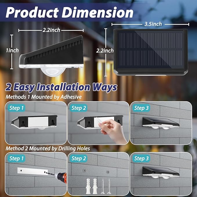 Solar Fence Lights Outdoor 8-Pack, Waterproof Fence Light Solar Powered with 3 Modes (3000K/4500K/6500K) for Outside, Patio, Deck, Stair, Step, Garden, Backyard, Walkway, Pathway, Railing