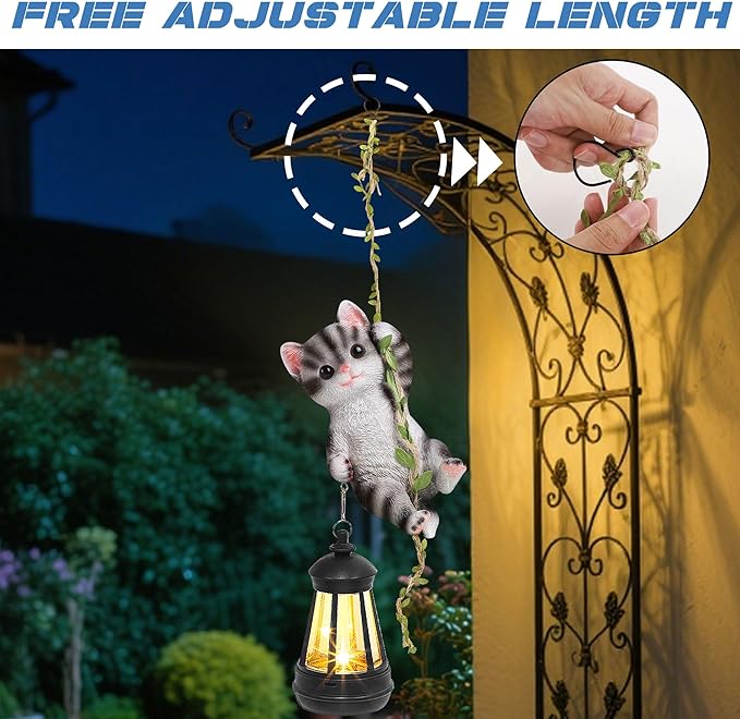 Set of 2 Solar Hanging Statue, Outdoor Resin Black White Cat & Golden Retriever Dog Figurine with LED Lights, Animal Ornament for Garden, Fence, Porch, Patio, Yard Decor