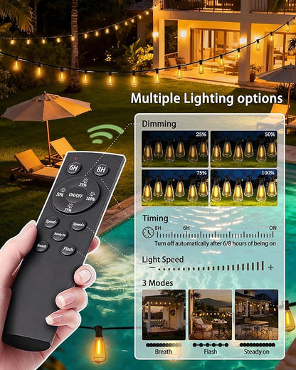 Outdoor String Lights Dimmable Waterproof with Remote, 50FT 18+1 Shatterproof ST38 Edison LED Bulbs Hanging Outside Light for Patio, Backyard, Porch, Deck, Balcony, Garden