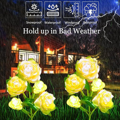 Solar Flowers Garden Lights Outdoor Waterproof [Updated] 2 Packs 10 Yellow Roses Solar Decorative Stake Lights for Patio Pathway Yard Lawn Decor
