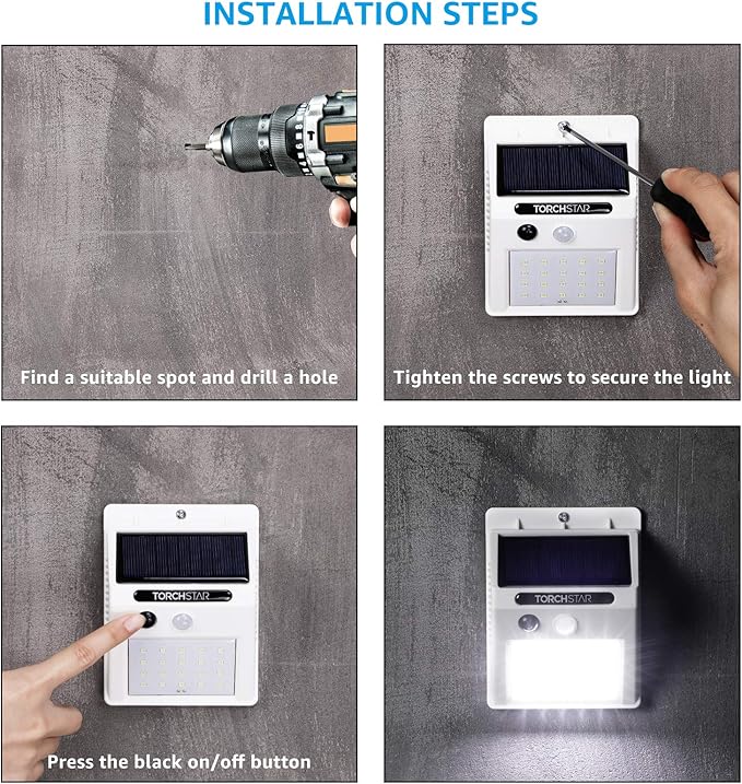 TORCHSTAR Outdoor LED Solar Powered Motion Sensor Light, IP65 Waterproof Cordless Outdoor Wall Lighting for Driveway, Patio, Garage, Porch, 6500K Pure White, White, Pack of 4
