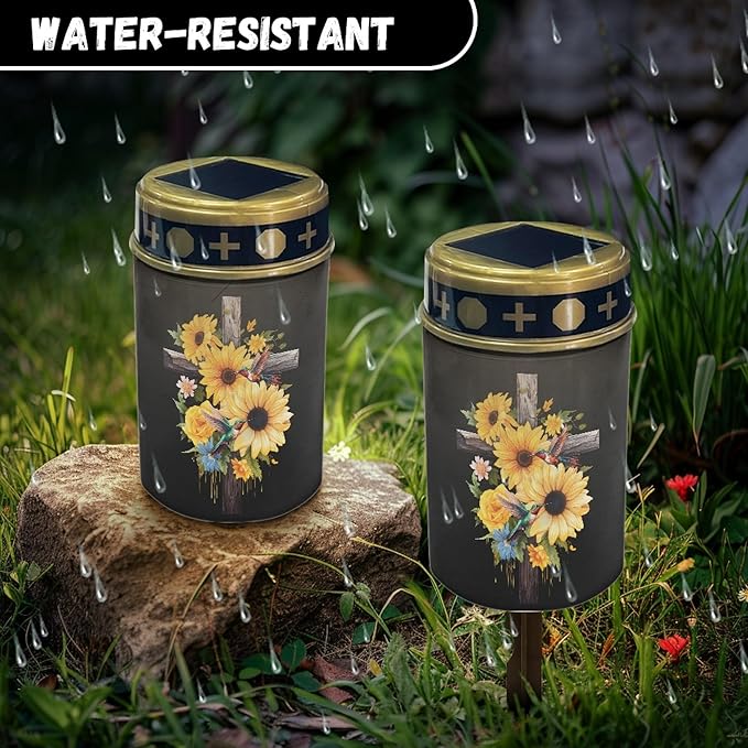 Cross-Sunflower Solar Lights Outdoor Garden Stake Lights Waterproof Cemetery Solar Lights for Grave Landscape Lighting Outdoor Table Lamp Flameless Lights Warm White LED Lantern