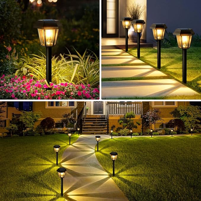 Solar Lights Outdoor 12 Pack Pathway Lights Waterproof with 3000K Vintage Tungsten Filament Light Bulbs for Yard Garden Walkway Driveway Landscape Path