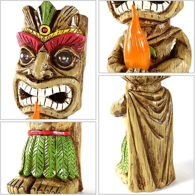 13" Tall Solar Torch Tiki Garden Statue, Resin Large Tiki Decor Figurine with Solar Lights, Hawaiian Tiki Man | Lumora