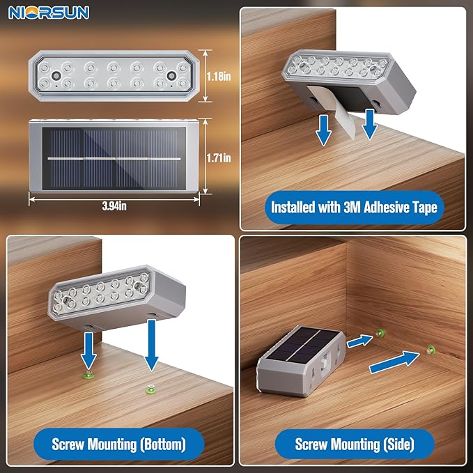 NIORSUN Solar Step Lights, 8 Pack Outdoor Horizontal Lights for Steps, Deck, Stairs, Dock & Pathway - Bright 3000K Warm White, Auto On/Off, IP67 Waterproof