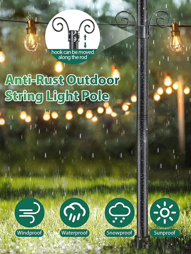 String Light Poles for Outside, 11 Feet Lights Poles with Mount Anchor, Outdoor Lighting Poles Hanging Backyard | Lumora