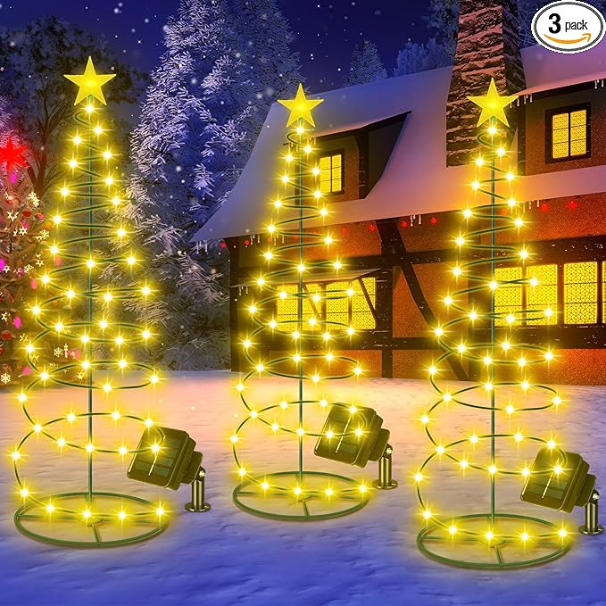 VIHOSE 3 Pcs Solar Spiral Christmas Tree Outdoor Prelit LED Light with Warm White Lights, 8 Modes, One 3 ft and Two 4 ft Light up Xmas Pathway Markers Indoor Holiday Christmas Decoration Lamp