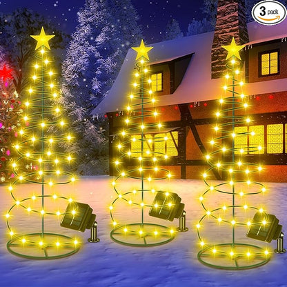 VIHOSE 3 Pcs Solar Spiral Christmas Tree Outdoor Prelit LED Light with Warm White Lights, 8 Modes, One 3 ft and Two 4 ft Light up Xmas Pathway Markers Indoor Holiday Christmas Decoration Lamp