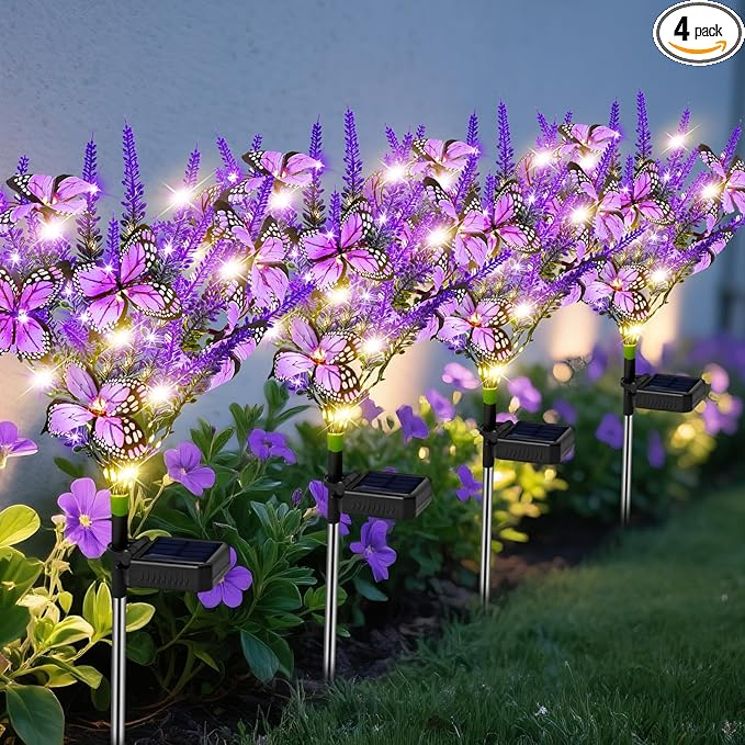 Solar Garden Lights Outdoor 4 Pack Lavender Butterfly Lights, Solar Artificial Flower Outdoor Waterproof Decoration Gardening Gifts for Women, Yard Patio Pathway Lawn Courtyard Decoration