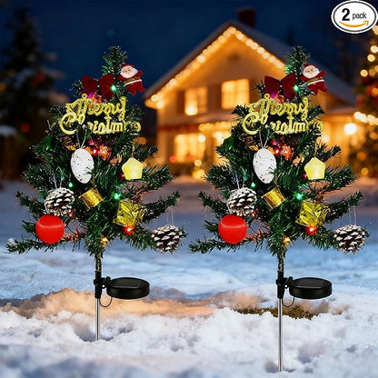 2pcs Solar Christmas Tree Lights Outdoor Decoration, Waterproof Solar Xmas Tree with Flashing LED Lights, for Yard Front Porch Pathway Grave Cemetery Decor