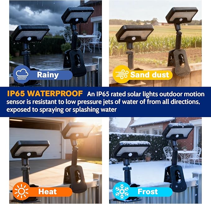 Pacify Clip On Solar Lights Outdoor, 92 LEDs 600LM 6000K Bright Solar Fence Lights with Motion Sensor, 360° Rotatable IP65 Waterproof 3 Modes Clamp Light for Deck Gutter Patio (2 Pack White Light)