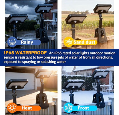 Pacify Clip On Solar Lights Outdoor, 92 LEDs 600LM 3000K Bright Solar Fence Lights with Motion Sensor, 360° Rotatable IP65 Waterproof 3 Modes Clamp Light for Deck Gutter Patio (2 Pack Warm Light)