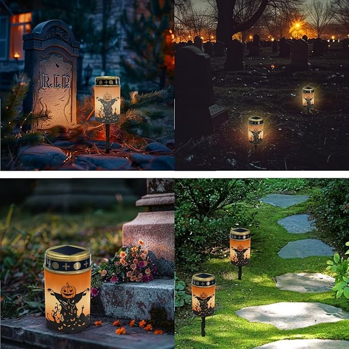 Halloween Cemetery Solar Lights for Grave 2 Pcs Cemetery Solar Lights Solar Grave Decorations for Cemetery Memorial Solar Lights for Graves