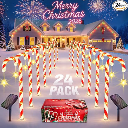 Solar Christmas Lights Outdoor Decorations: 24-Pack Candy Cane Pathway Lights with 10 Modes - Unique Xmas Gifts for Mom Women - Waterproof Decorative Christmas Yard Stakes for Holiday Garden Decor