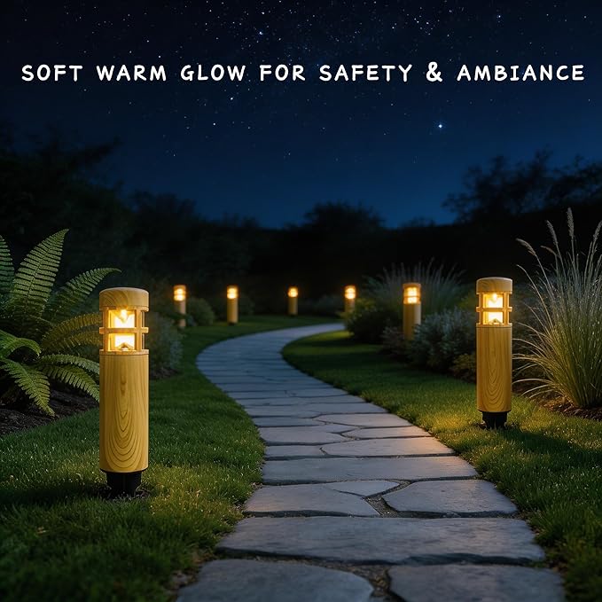 Solar Lights Outdoor 8 Pack, Wood-Grain Color Style, Warm Yellow Light, Waterproof Auto On/Off, Solar Pathway | Lumora