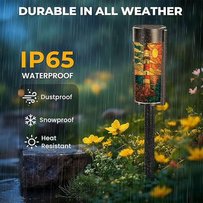 4 Pack Solar Pathway Lights Outdoor Waterproof Coastal Lighthouse Stained Glass Hanging Ornament Solar Garden Lights LED Landscape Lighting for Yard Walkway Lawn Garden Decor