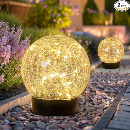Beautyard Solar Globe Lights Outdoor Large Garden Decor USB Charged 4.72" Diameter 40LED 1000mAh Solar Lights Cracked Glass Globe Solar Power Yard Patio Garden (4.72'' Large 2 Pack Warm White)
