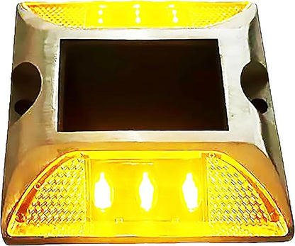 Chandler Solar Driveway Ultra Bright Dock Deck Lights Wireless Solar Powered Waterproof Outdoor Warning Step Lights for Driveway Pathway Metal Ground 6 LED Light 3 Each Side Yellow Color (Pack of 1)