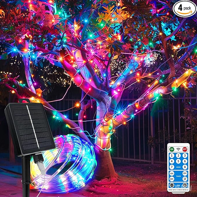 Solar Rope Lights Waterproof IP65 39FT 100LEDs 4 Pack Outdoor LED Outdoor Remote-Control Lights for Party Garden Yard Home Wedding Christmas Halloween Holiday Tree Decoration Lighting(Multi Color)