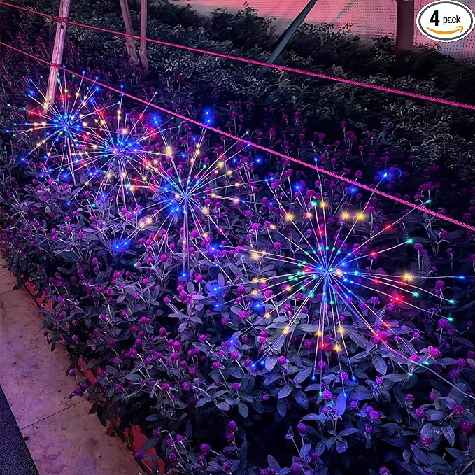 Solar Garden Firework Lights Outdoor, 4 Pack 360 LED 8 Lighting Modes Waterproof Landscape Decorative Sparklers Twinkling Starburst Lights for Yard Pathway Walkway Christmas, Colorful
