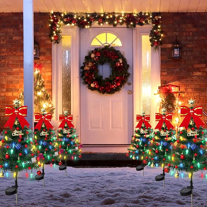 KHOYIME Solar Christmas Tree 4 Pack 33.5in Outdoor Waterproof Solar Powered Prelit Xmas Tree with 80 LED Lights 2 Flashing Modes 136 DIY Xmas Ornaments Holiday Decoration for Garden Pathway Yard Patio