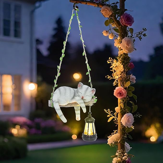 Solar Lighted Garden Outdoor Statue, 22.6" H Hanging Swing Lying with A Sleeping Cat and A LED Lantern, Resin | Lumora