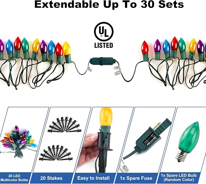 C9 Christmas Pathway Lights Outdoor - 24.2 Feet 20 LED String Lights with Stakes, Waterproof Connectable Christmas Path Lights for Yard, Garden, Walkway, Driveway, Sidewalk Decoration, Multicolored
