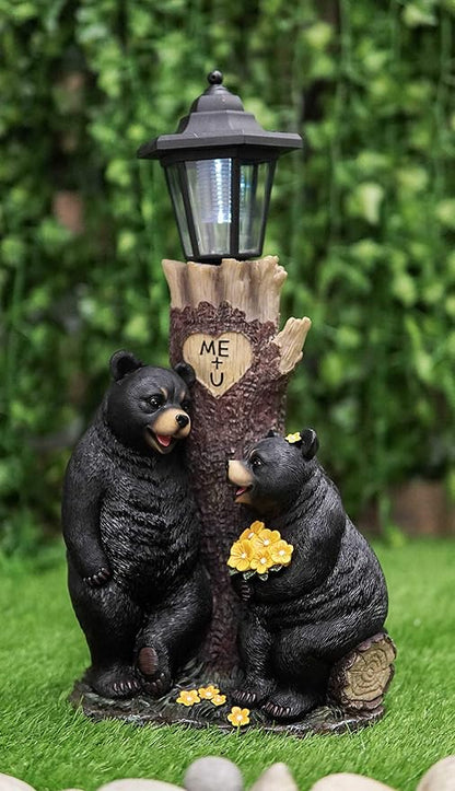 Ebros Love is in The Air Me + U Rustic Forest Black Bear Couple Courtship Dating Outpost Statue with Solar LED Light Lantern Path Lighter As Garden Decorative Sculpture of Bears Valentines Accent