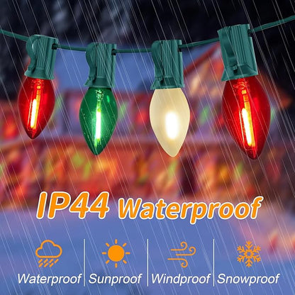 Abeja 25Ft C7 Christmas Multicolor String Lights with 27 Red Green & Frosted White Edison Bulbs, Hanging Vintage Christmas Light Outdoor Waterproof for Party Garden Wedding Bistro Roofline Decor