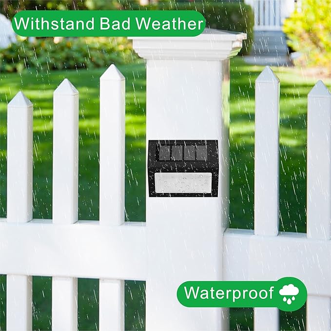 Solar Fence Lights Outdoor, Waterproof Deck Pathway Yard Lamp, Stainless Steel, 2 Pack, Black Metal case, White Light