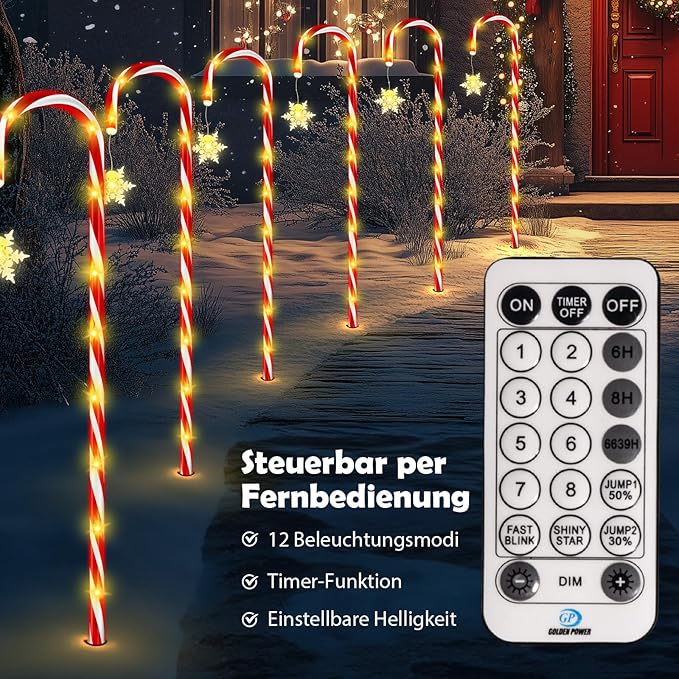 HELESIN Light Chain Candy Cane, 10 Pieces Raised Design Candy Sticks LED Outdoor, 110LED 12 Modes Candy Sticks Lighted, Waterproof Snowflake Christmas Lighting for Garden Christmas Decor