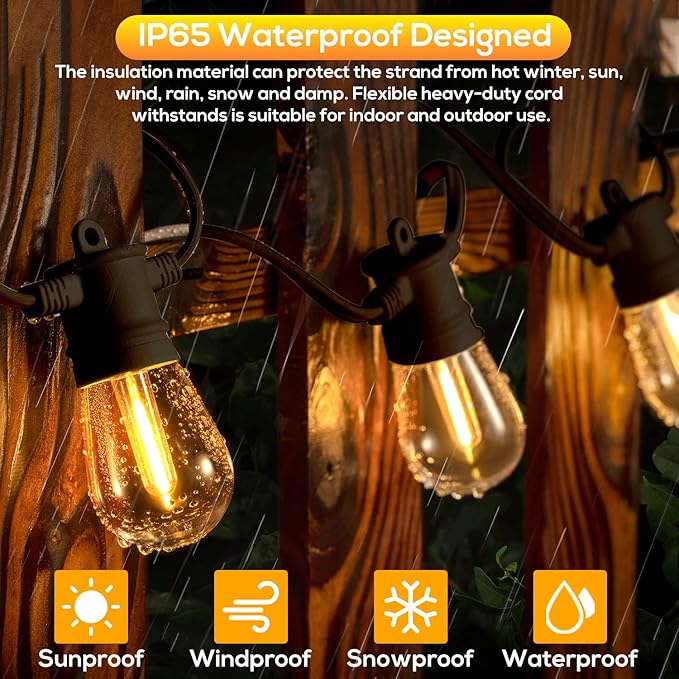 FMART LED Outdoor String Lights, 3*50FT(150FT Total) Hanging Lights Dimmable Commercial Grade UL ETL Listed Waterproof, 3X15 Sockets 1W 2700K Shatterproof Edison S14 Bulbs(3 Spare) Heavy Duty Lights