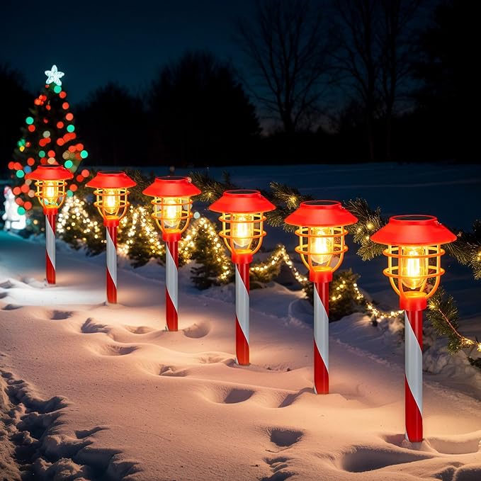 6 Pack Christmas Solar Pathway Lights Outdoor Decorations,Garden Solar Stake Landscape Lights Candy Cane Christmas | Lumora