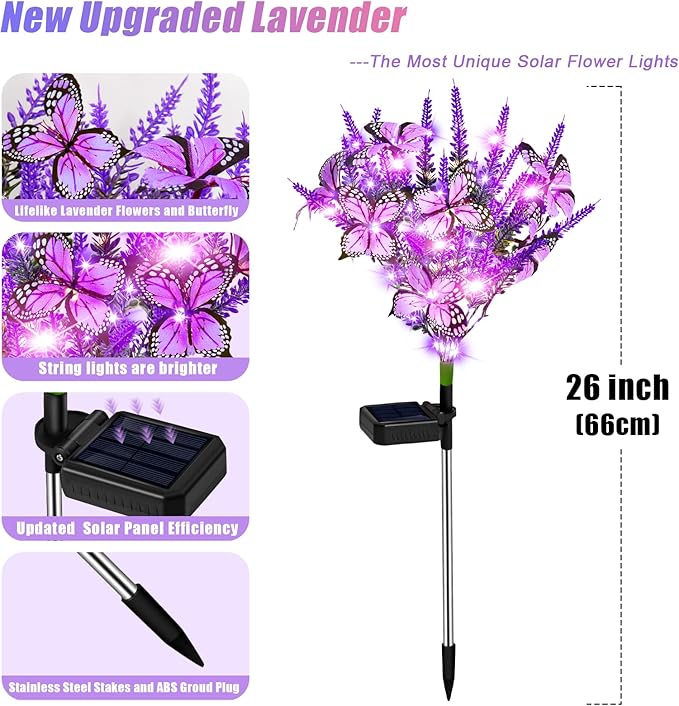 Solar Garden Lights Outdoor 4 Pack Lavender Butterfly Lights, Solar Artificial Flower Outdoor Waterproof Decoration Gardening Gifts for Women, Yard Patio Pathway Lawn Courtyard Decoration