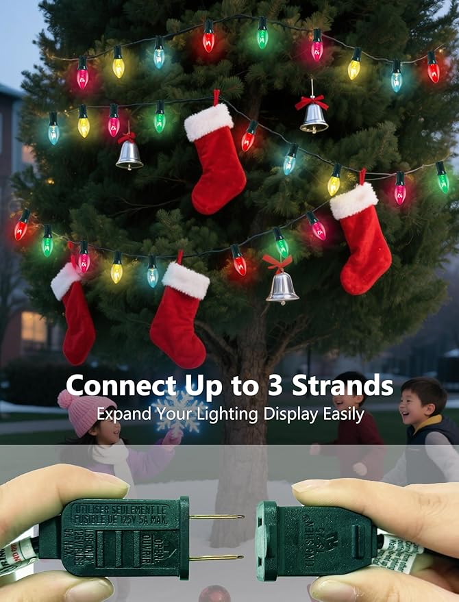 25Ft Multicolor Chritsmas Lights Outdoor, C7 Vintage String Lights with 27 Colorful Clear Incandescent Bulbs, Hanging Patio Lights for Porch Roofline Christmas Tree Garden Pathway Indoor Decor