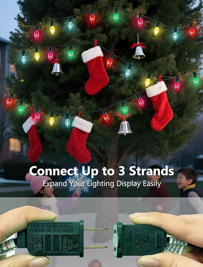 25Ft Multicolor Chritsmas Lights Outdoor, C7 Vintage String Lights with 27 Colorful Clear Incandescent Bulbs, Hanging Patio Lights for Porch Roofline Christmas Tree Garden Pathway Indoor Decor