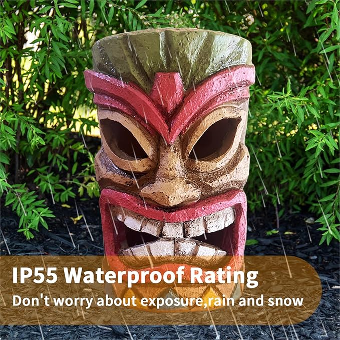 Tiki Head Solar Statue Light for Garden Decor and Bar Decoration (Red)