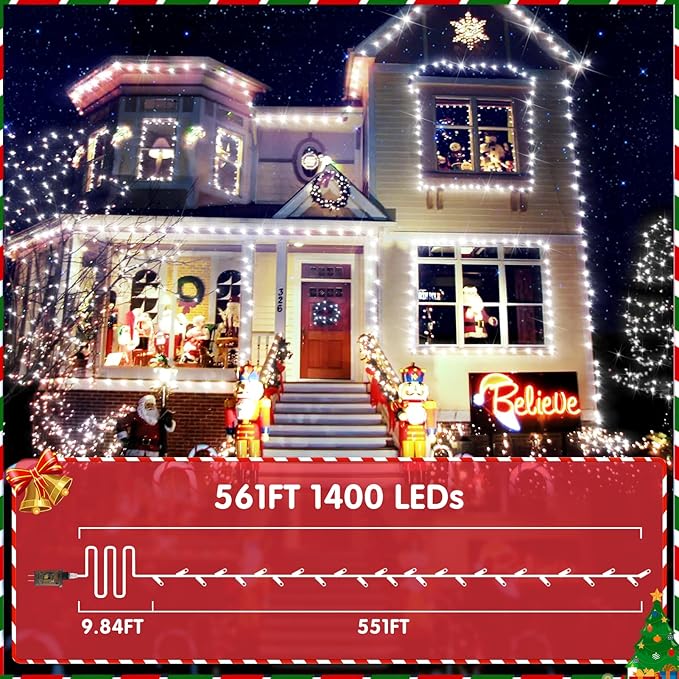 XURISEN 551FT 1400 LED String Lights Outdoor Green Wire Christmas Lights 8 Modes & Timer Waterproof Fairy Lights Plug in for Party, Wedding, Yard, Garden, Indoor/Outdoor Decorations(Cool White)
