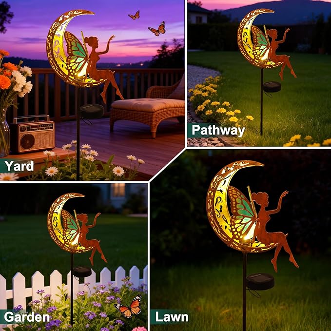 Tremdwoto Solar Garden Lights Outdoor, Metal Fairy Butterfly & Moon Decor - Cracked Glass Solar Stake with Gradient Wings, Gift for Mother's Day, Housewarming, Patio, Yard & Pathway Decorations