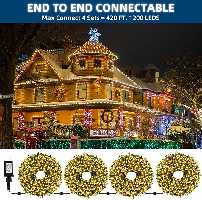 105FT 300LEDs Christmas Lights Outdoor Indoor 8 Modes for Christmas Tree Party Decoration, 100% UL Listed (Warm | Lumora