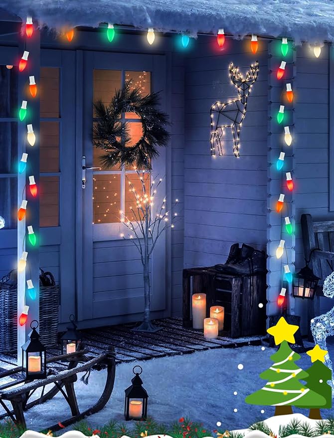 C7 Christmas Lights Outdoor, 25Ft Vintage Christmas String Lights with 27 Multicolor Ceramic Bulbs, Hanging Christmas Decorations Lights for Xmas Tree Roofline House Garden Patio Yard-White