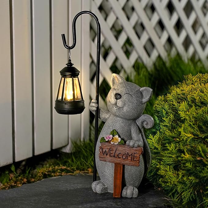 Solar Cat Outdoor Garden Lights Solar Powered Lantern Resin Statue for Outside Balcony Garden Decor Gift for Grandma Women 18 * 5.58 * 9 inch (Gray Lantern Cat)