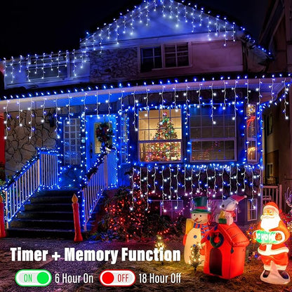 Joomer Christmas Icicle Lights - 66FT String Lights Outdoor Waterproof, 8 Modes Timer Connectable Plug-in String Light for Eaves, Roofs, Christmas Decorations (White+Blue, Non-Connectable)