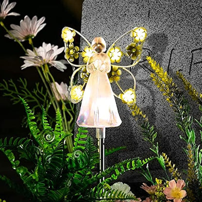 2pcs Fairy Garden Ornaments Outdoor Solar Pathway Lights, Flower Fairy Resin Figurine Lamp for Courtyard Lawn, Commemorate Gift (Yellow)