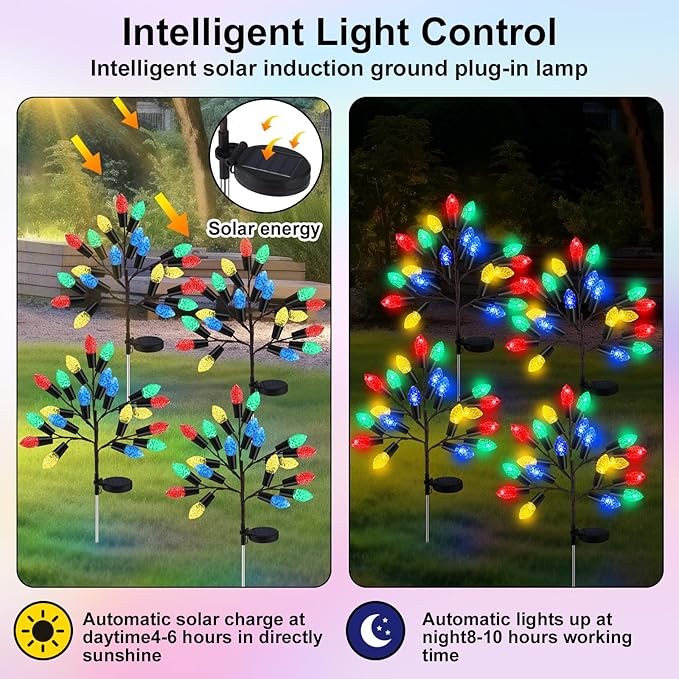 4 Pcs Christmas Solar Pathway Lights Outdoor Decorations 28" Christmas Stake Lamp Yard Waterproof 8 Modes 20 LED Pine Cones Tree for Walkway Path Garden Patio Decor