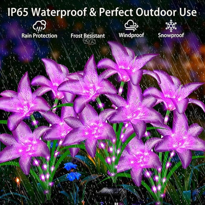 Solar Garden Lights 6 Pack 24 Purple Lily Flowers,Gifts for Mom Woman Birthday Outdoor Solar Flower Lights,Cemetery Flowers for Grave - Decorative Lilies for Yard, Patio, Pathway Decorations